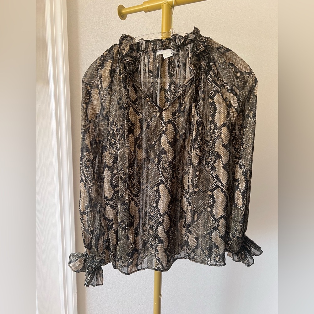 H&M Black, Green & Cream Snake Print Sheer Blouse Women 4 EUC